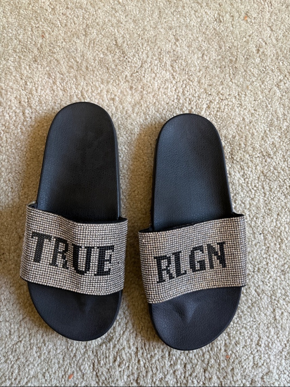 True Religion Black and Silver Crystal Slide Sandals